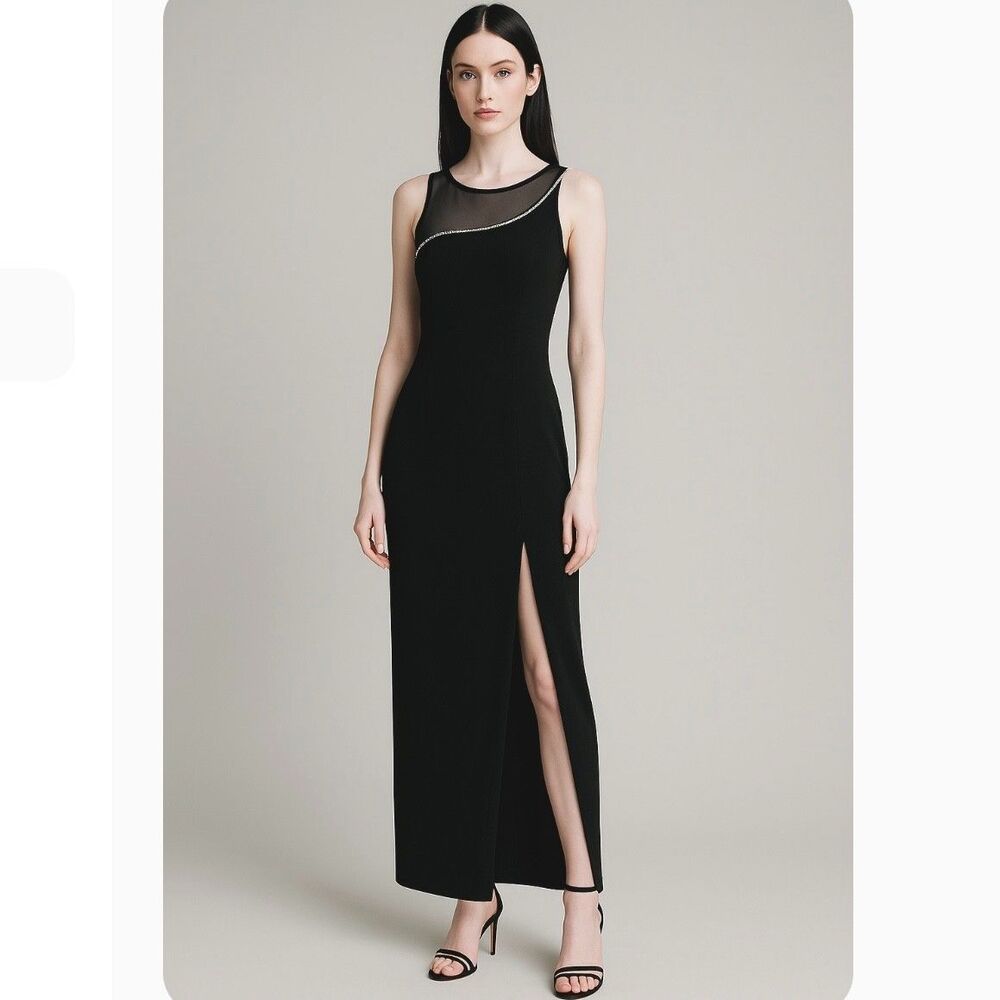 Faviana VTG Black Velvet Rhinestone Mesh Neckline Maxi Evening Dress Size 9/10